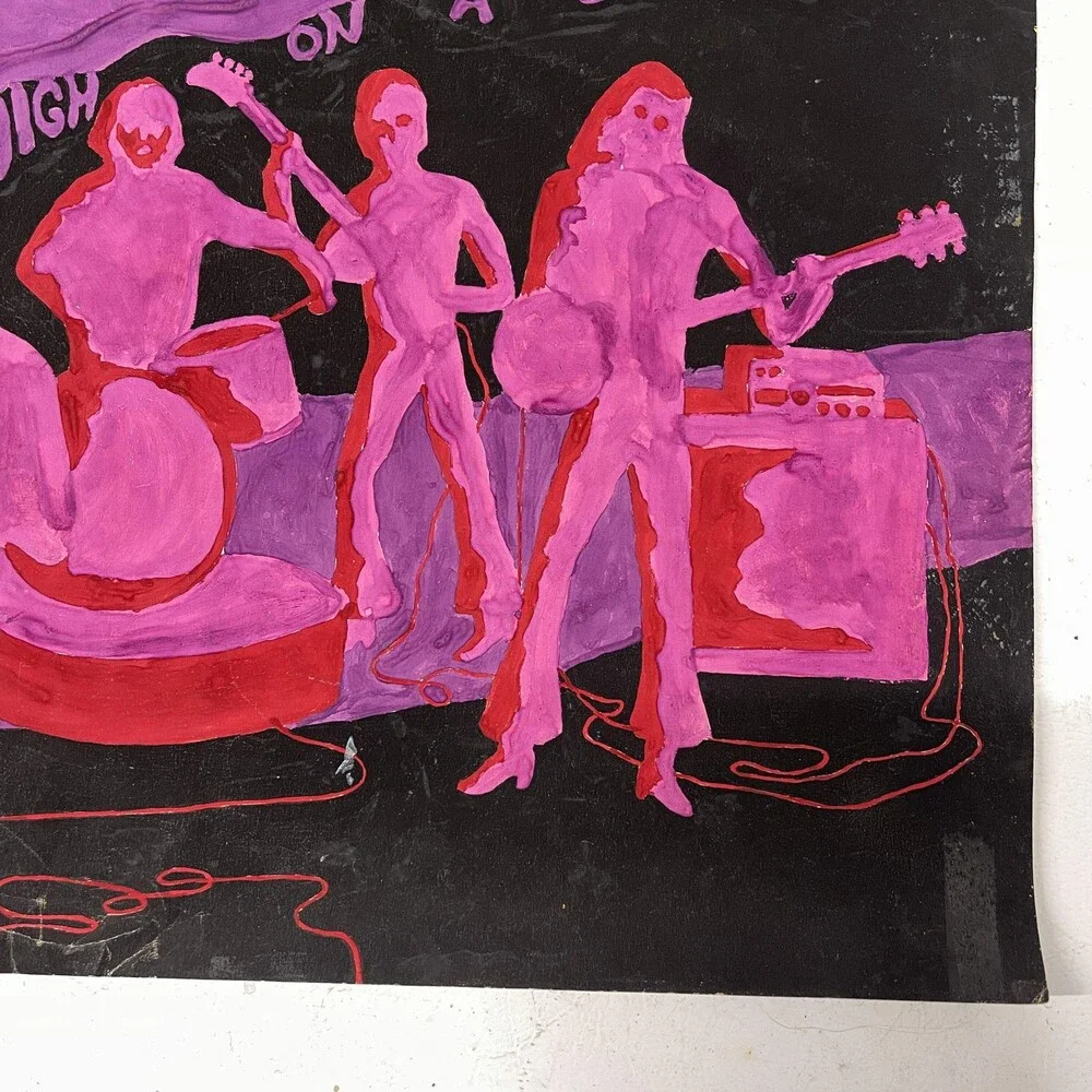 Vintage 1968 Psychedelic Band Drawing Get High On A Sound Pink Purple 15x18 OOAK